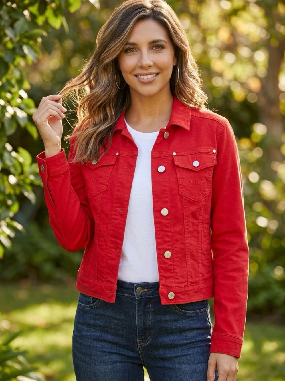 Women's Cabi Red Denim Jacket - Classic Button-Front